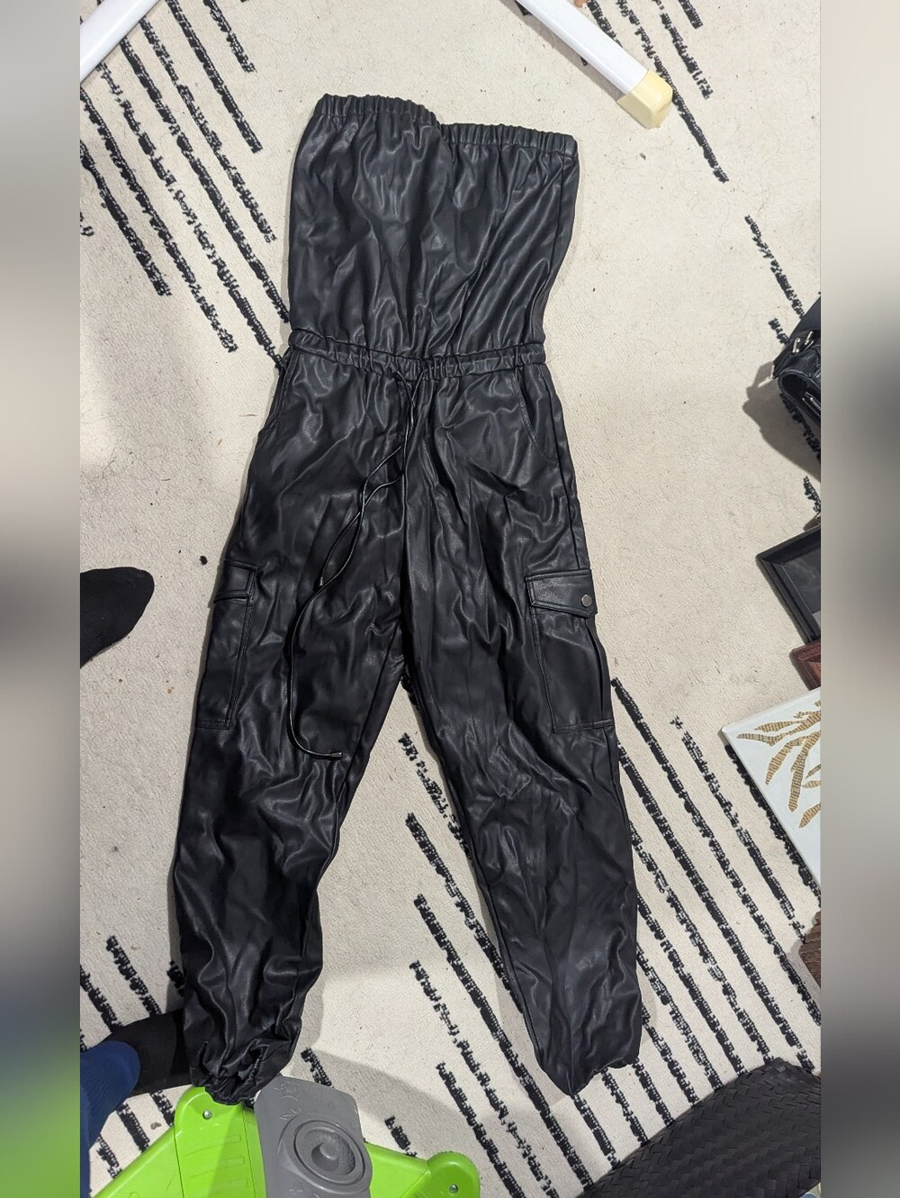 faux leather strapless jumpsuit